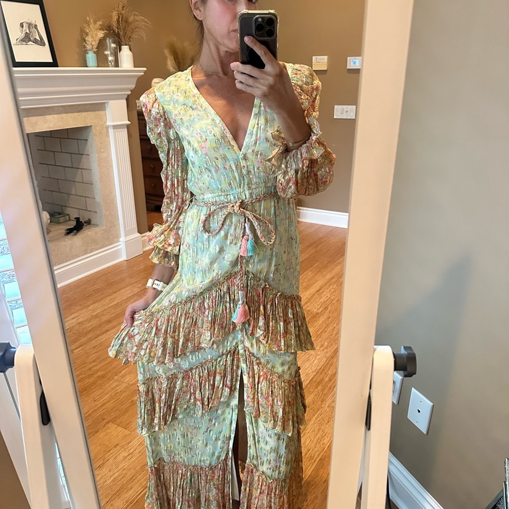 Rococo Sand Mint Floral Tiered Tassel Gown NWT